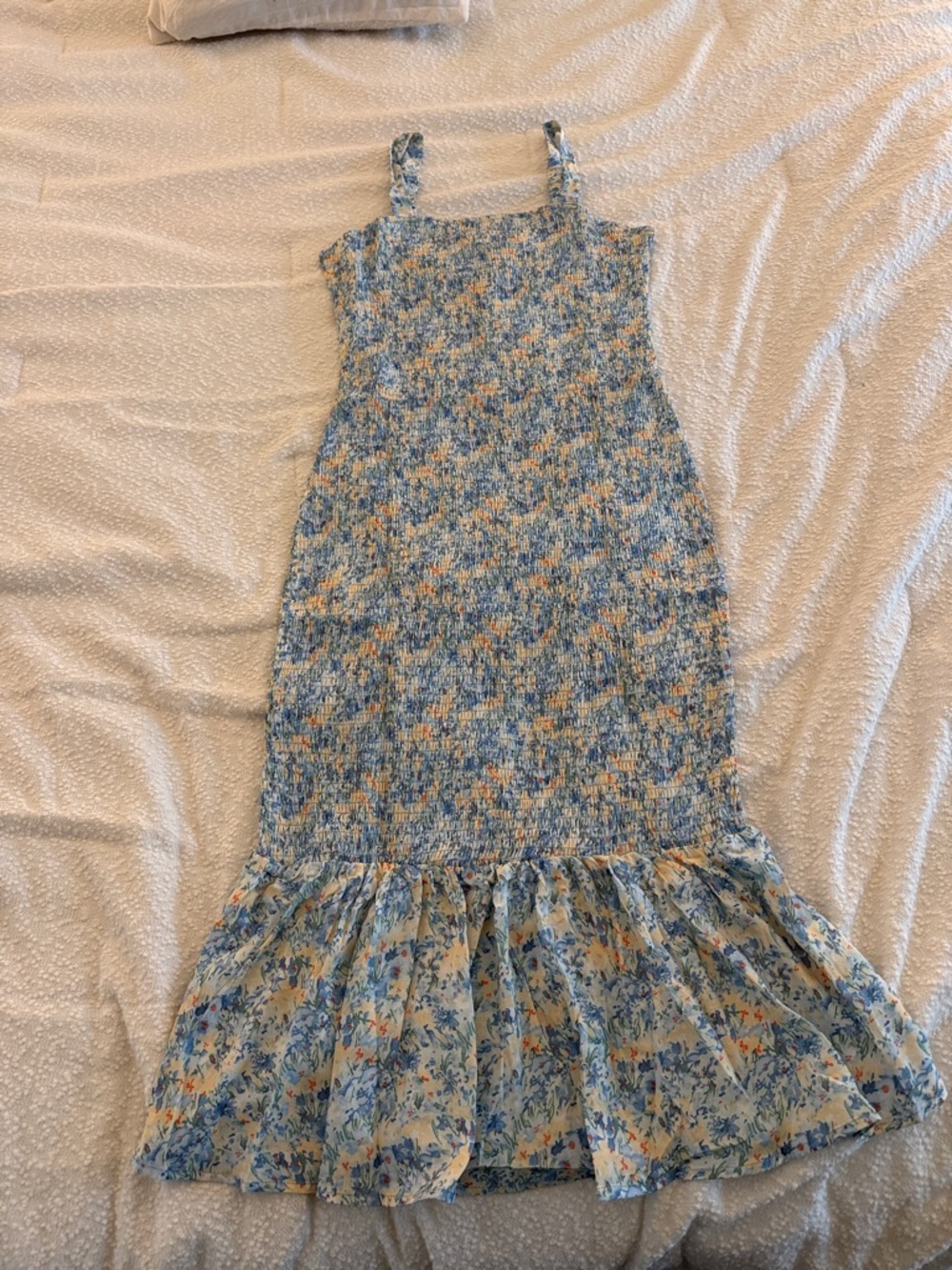 Blue Floral Smocked Ruffle-Hem Sundress